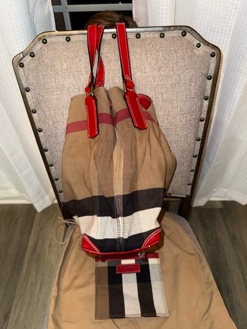 Canvas Shoulder Tote with Red Leather Trim - Picture 3 of 5